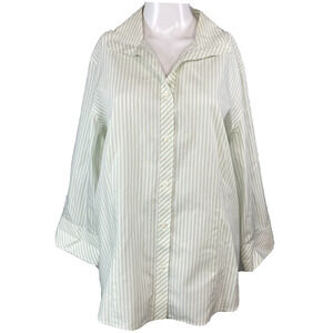 Chicos Shirt Womens Sz 3 US XL Green White Cotton Striped‎ Button Down Dress